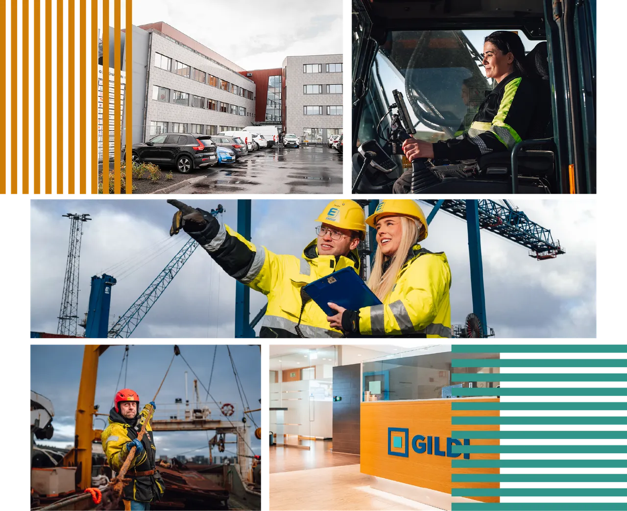 Collage: Gildi's office building on Guðrúnartún, a machine operator, two Eimskip workers at the harbour, a seafarer on a trawler and Gildi's reception desk