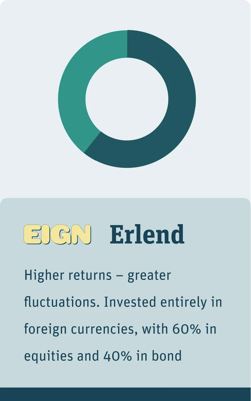 Eign – Erlend. Higher returns – greater fluctuations. Invested entirely in foreign currencies, with 60% in equities and 40% in bonds.